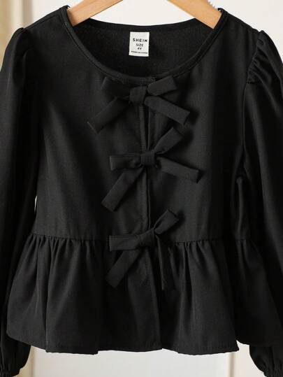 SHEIN LMoss Kids 年轻女孩纯色前系带长袖简约休闲衬衫