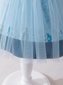 Glamorique Kids Baby Girl Princess Print Knitted Mesh Dress, Suitable For Stage Performance, Daily Wear - Blue - View 4