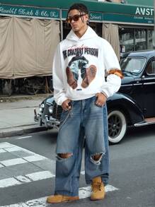 Manfinity VCAY Áo nỉ dệt kim dáng rộng, tay dài có mũ trùm đầu họa tiết cho nam, áo hoodie trắng, dành tặng bạn bè, chồng, quà tặng bạn trai, cho mùa thu đông - trắng - Xem 1