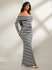 SHEIN SXY Falda larga y acampanada con cintura plegable en blanco y negro a rayas, cómoda y casual, adecuada para primavera, otoño e invierno