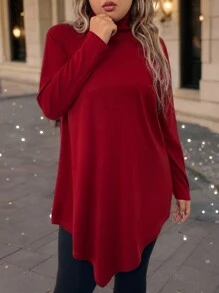 SHEIN CURVE+ Women's Solid Color Knit Asymmetric Hem Turtleneck Long Sleeve Casual T-Shirt, Suitable For Spring And Autumn