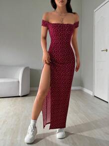 SHEIN EZwear 女式露肩全印花长开衩连衣裙 - 紅色 - 查看 3