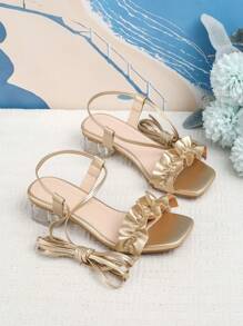 Girls Summer Lace Up Gold Color High Heel Sandals - Gold - View 6