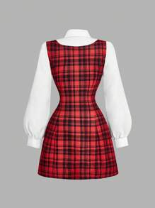 SHEIN MOD 格子拼布撞色女式迷你连衣裙、新年服装、格子女装、节日服装、新年派对女装、新年前夜连衣裙 - 紅色和黑色 - 查看 2