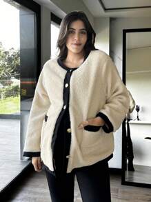 SHEIN 孕妇秋冬休闲撞色绑带纽扣前开襟泰迪熊大衣 - 杏色 - 查看 5