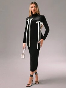 Zolique Damen Einfarbiges Patchwork Schleifen-Langarm Lässig Maxikleid, Abendkleid, Geburtstagsoutfit für Damen, Silvester Outfit, Samt Maxikleid für den Winter - Schwarz - Übersicht 7