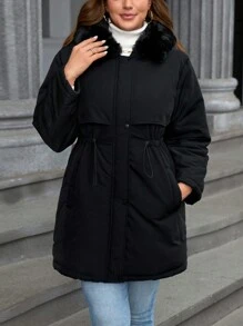 Flouryn Plus Size Hooded Jacket With Drawstring Waist And Furry Collar, For Casual Wear In Autumn/Winter Clothes Fall Cloth For Women - Black - View 1