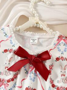 2pcs Little Girls Ruffle Collar Rabbit Bow Floral Print Ruffled Long Sleeve Top And Casual Ruffled Long Pants Pajama Set - Multicolor - View 5