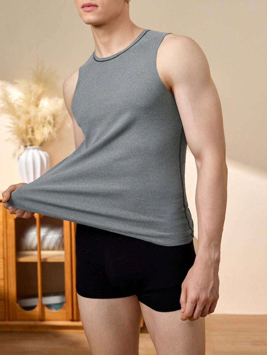 Men's Solid Color Round Neck Sleeveless Casual Warm Vest - Grey - View 1