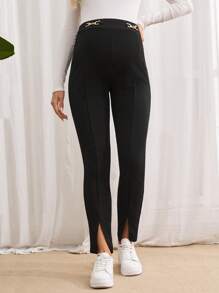 SHEIN 孕妇可调节腰部链条细节裤 - 黑色 - 查看 3
