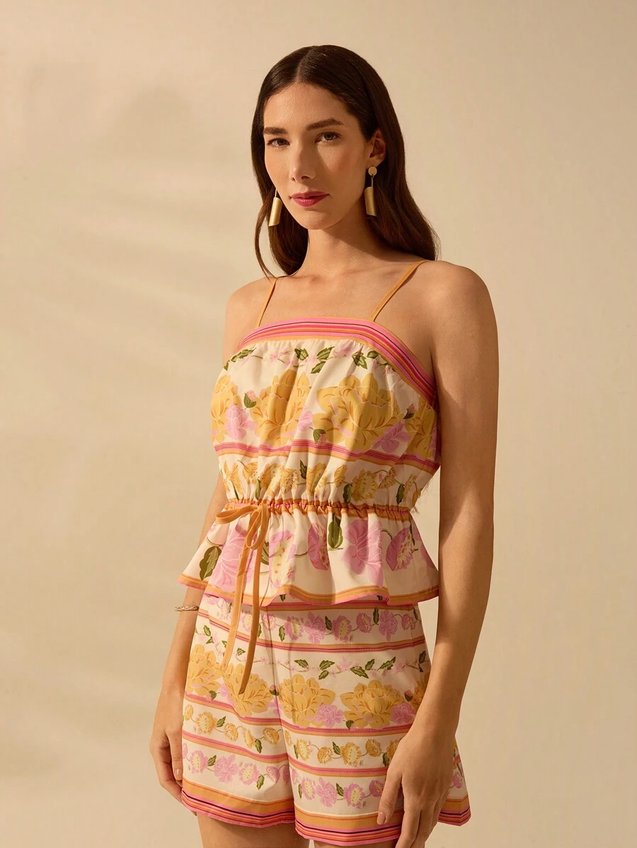 CAJUNI 女士波西米亚风热带花卉印花系带宽松背心，休闲假日夏季 - 彩色 - 查看 1