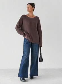 SHEIN Tall Women's Round Neck Pullover Tattered Hem Loose Sweater Knitted Top - Brown - View 4