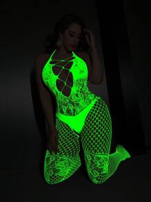 Plus Size Sexy Mesh Bodysuit, 1pc