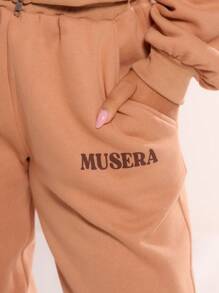 MUSERA 短款标语拉链连帽衫 - 駝色 - 查看 5