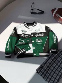 SHEIN Baby Boy Green And Black Color Block Casual Sports Streetwear Motorcycle Jacket, Suitable For Home, Outgoing And Sports, Spring/Autumn/Winter