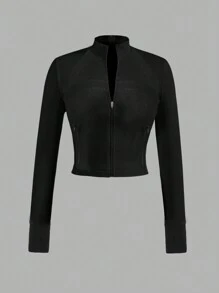 Slaydiva Simple Casual Women's Autumn-Winter Stretchy T-Shirt With Half-Neck Zipper, V-Neck, And Tight Long Sleeves ,Black- B - Black - View 1