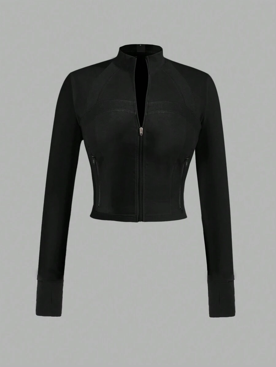 Slaydiva Simple Casual Women's Autumn-Winter Stretchy T-Shirt With Half-Neck Zipper, V-Neck, And Tight Long Sleeves ,Black- B - Black - View 1