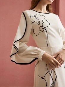 MOTF PREMIUM FLORAL PRINT RUFFLE TRIM DRESS, LONG SLEEVES, MAXI DRESS,SPRING/SUMMER - White - View 3