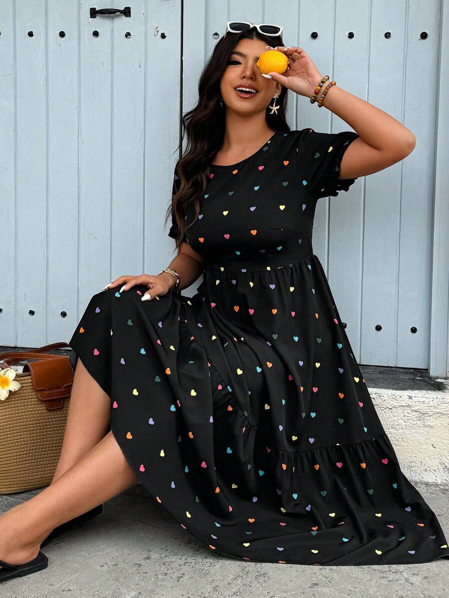 Calvaya Plus Size Women Round Neck Short Sleeve Ruffle Hem Casual Heart Print Dress