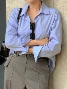 DAZY Women's Regular Collar Solid Color Asymmetrical Slit Long Sleeve Blue Shirt, Spring/Summer/Autumn,Fall Women Clothes - Blue - View 1