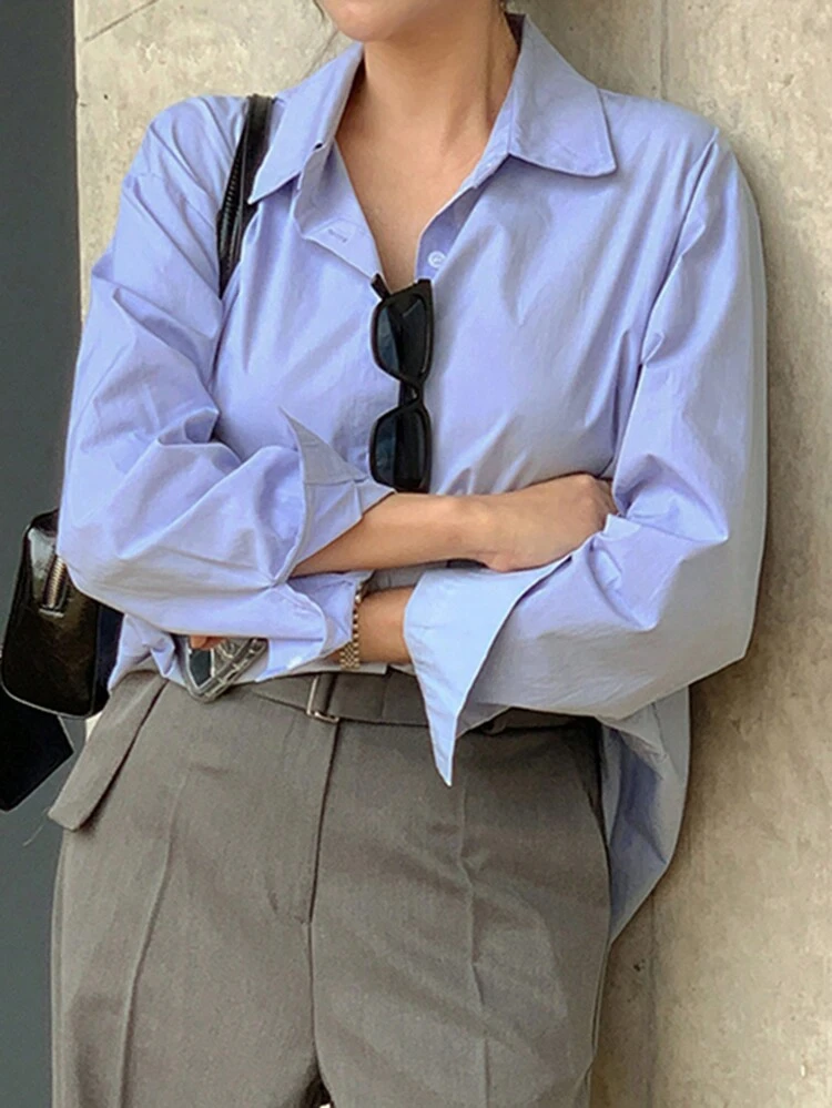 Women's Regular Collar Solid Color Asymmetrical Slit Long Sleeve Blue Shirt, Spring/Summer/Autumn,Fall Women Clothes