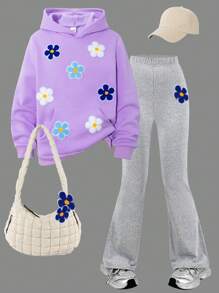 WESTFADE Young Tween Mädchen Blumen Muster Langarm Kapuzenpullover und Schlaghose 2 Stücke Casual Set, Herbst/Winter