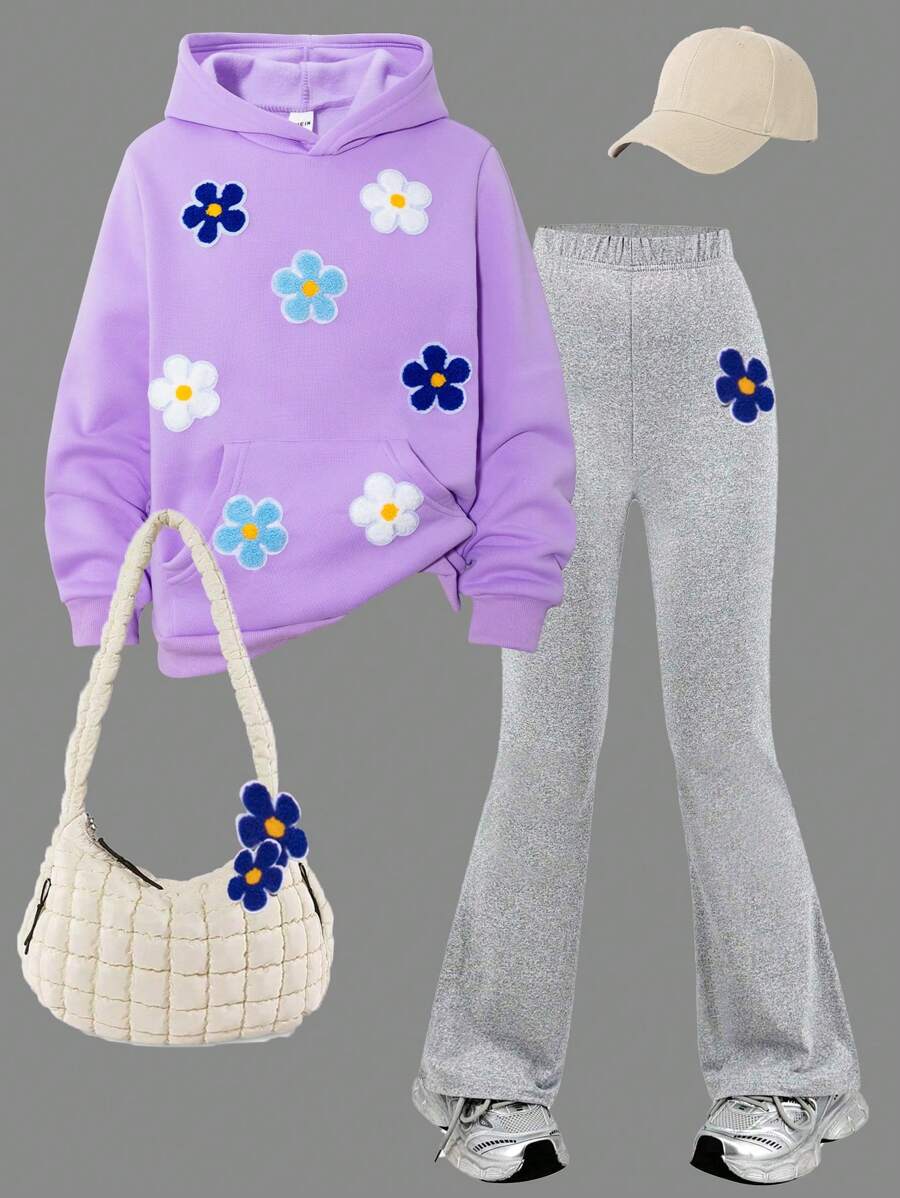 WESTFADE Young Tween Mädchen Blumen Muster Langarm Kapuzenpullover und Schlaghose 2 Stücke Casual Set, Herbst/Winter