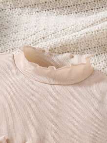 Baby Girl Elegant Adorable Simple Fashion Versatile Comfortable Soft Knit Contrast Mesh, Ruffle Collar Bow Decor Solid Color Apricot Long Sleeve Dress, Suitable For Autumn/Winter/Spring Casual Wear, Outdoor Play, Birthday Party