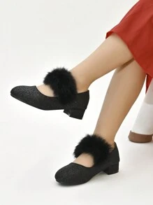 Girl's Black Furry High Heel Pumps, Suitable For Daily Wear - Black - View 5