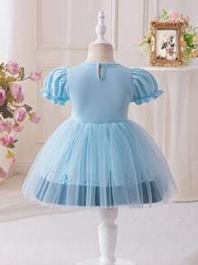 Glamorique Kids Baby Girl Princess Print Knitted Mesh Dress, Suitable For Stage Performance, Daily Wear - Blue - View 2