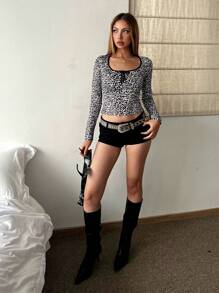 INAWLY Women's Leopard Print Color Blocking Tight Casual T-Shirt Graphic Cheetah Print Tees Women Tops Fall Cloth For Women - Black - View 6