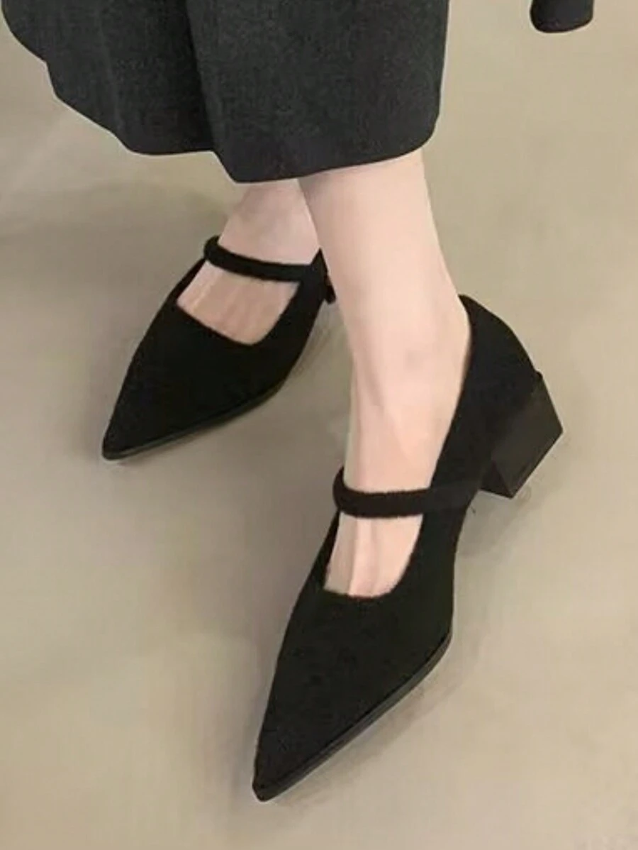 黑色条纹扣中跟尖头舒适百搭日常时尚女孩和青少年高跟鞋 - 黑色 - 查看 1