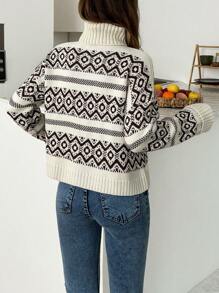 EURMUSE Oversized Turtleneck Fair Isle Pattern Winter Sweater - Beige - View 2