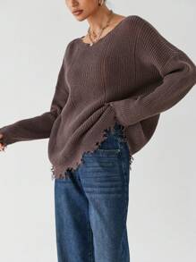 SHEIN Tall Women's Round Neck Pullover Tattered Hem Loose Sweater Knitted Top - Brown - View 7