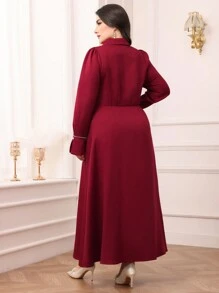 Modelyn Vestido largo informal de manga larga con botones delanteros de unicolor, vestidos de noche largos de talla grande - Burdeos - Ver 3