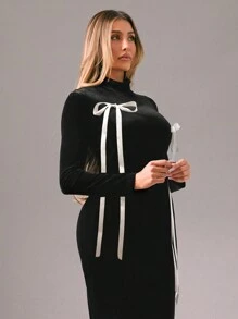 Zolique Damen Einfarbiges Patchwork Schleifen-Langarm Lässig Maxikleid, Abendkleid, Geburtstagsoutfit für Damen, Silvester Outfit, Samt Maxikleid für den Winter - Schwarz - Übersicht 4