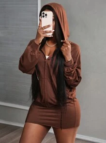 Slaydiva Simple Casual Hoodie Jacket With Raglan Sleeves And Zipper, Paired With A Mini Skirt Sweatsuit Set - Brown - View 2
