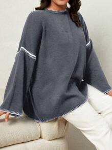 EURMUSE Plus Fall & Winter Causal Contrast Trim Drop Shoulder Sweater - Dark Grey - View 5