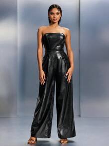 SHEIN SXY Une combinaison style biker punk noir motif crocodile, top tube évasé, pour mettre en valeur la silhouette