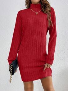 SHEIN Frenchy Women's Turtleneck Long Sleeve Ribbed Bodycon Textured Fabric Black Dress,New Years Women Outfit