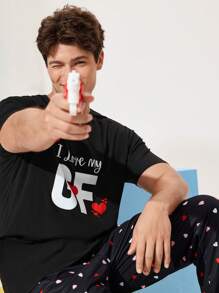 SHEIN Men's Casual Letter Print Round Neck Short Sleeve Loungewear Top - Black - View 4
