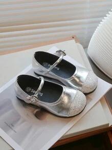 1 paio di scarpe in pelle argento per ragazza, scarpe eleganti e semplici con glitter, suola morbida e antiscivolo