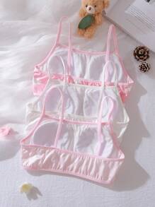 3pcs Tank Top & Bra Set, Removable Pads, Lace Trim, Soft, Lightweight, Cloud-Like, Girls Lingerie, Pink, White - Multicolor - View 2