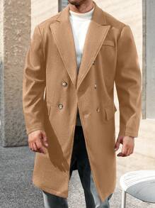 Manfinity Homme Plus Size Men's Casual Simple Solid Color Overcoat, Fall/Winter - Khaki - View 5