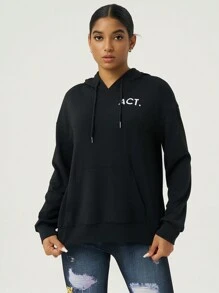 Easithlete Women Letter Print Casual Hoodie Long Sleeve Sweatshirt