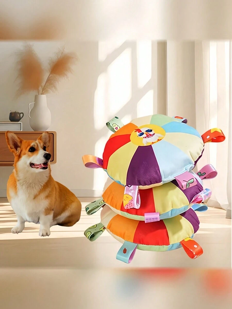 1 件互动飞盘毛绒玩具，适用于狗狗，吱吱作响的设计，有助于训练边境牧羊犬咀嚼和玩耍 - 彩色 - 查看 1