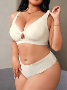 Conjunto de lencería sin costuras de talla grande para mujer, con sujetador sin aros push-up y pantie simplista sólido, 2 piezas, para el Día de San Valentín