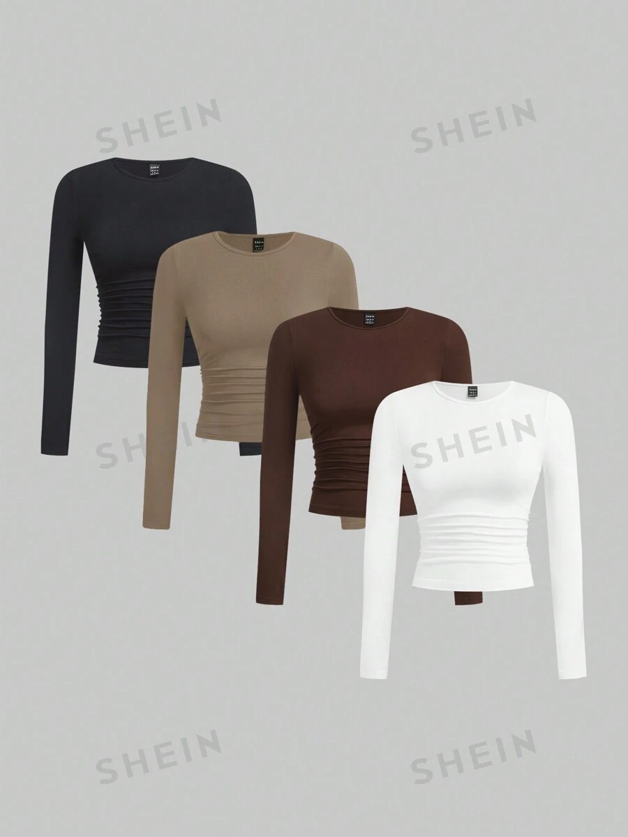 SHEIN EZwear Mehrfarbiges gestricktes Damen-Rundausschnitt Langarm gerafftes Bodycon T-Shirt