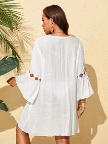 Swim Lushoire Plus Size Women's Woven Bamboo Fiber Patchwork Floral Boho Style Beachwear Swimsuit Cover Up With V-Neck And Ruffle Sleeves Summer - White - View 2