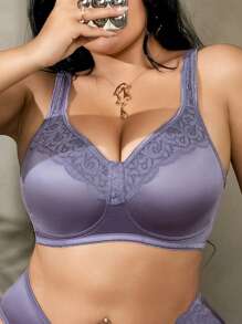 1pc Plus Size Purple Non-Underwire Sheer Bralette, Lift - Purple - View 1